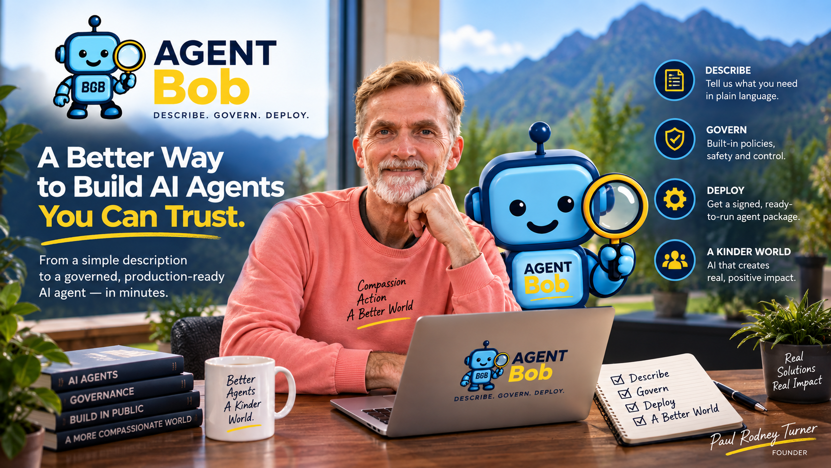 Paul Rodney Turner, founder of Agent Bob, at his desk with the Agent Bob robot mascot