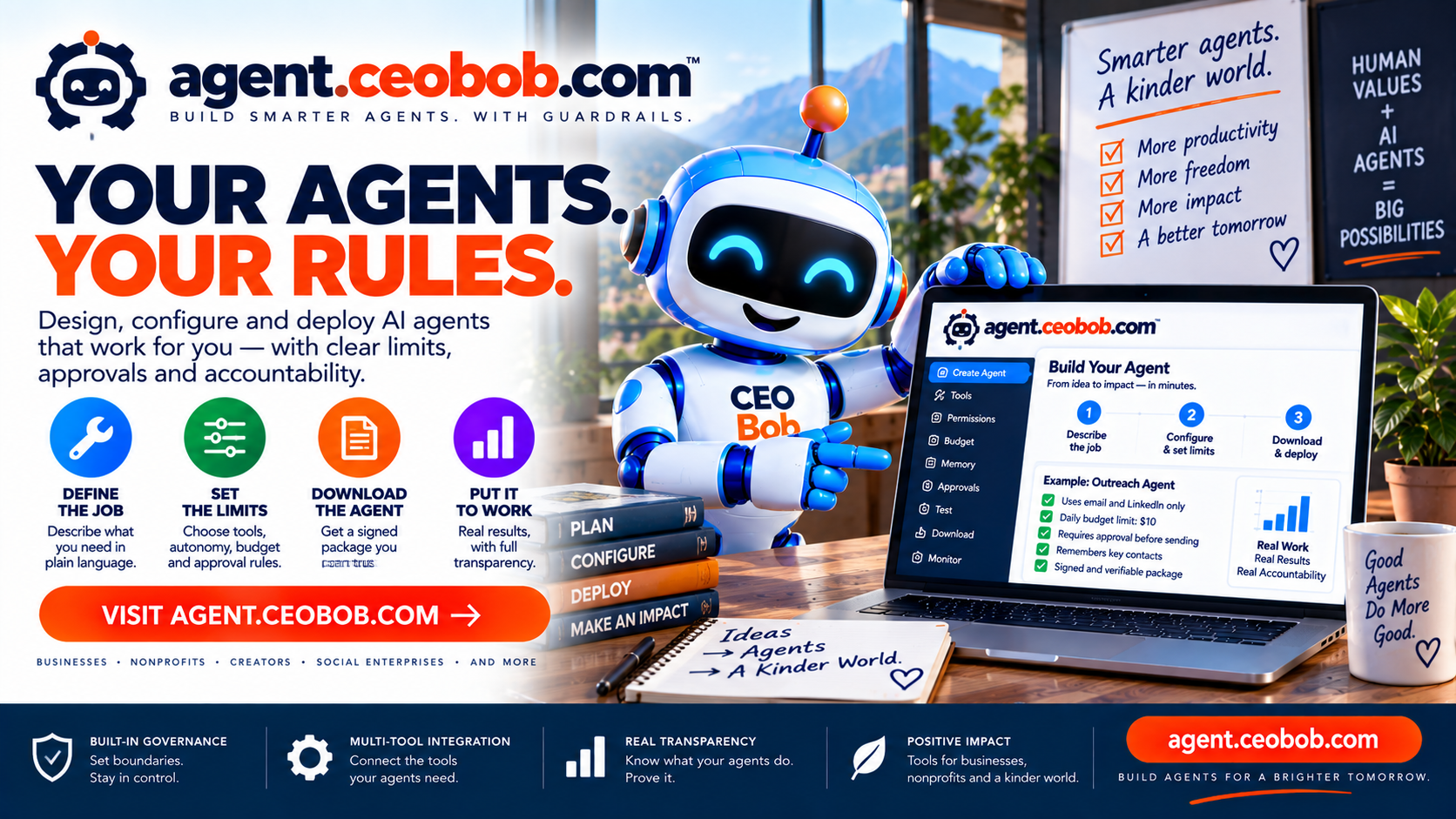 Agent Bob helps businesses, nonprofits, creators, and social enterprises define, configure, and deploy governed AI agents.